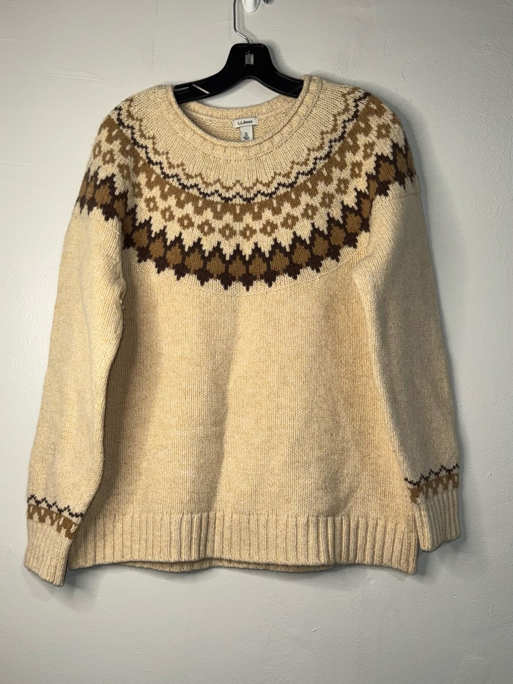 L.L. Bean Cream Fair Isle Crewneck Sweater with Brown Yoke